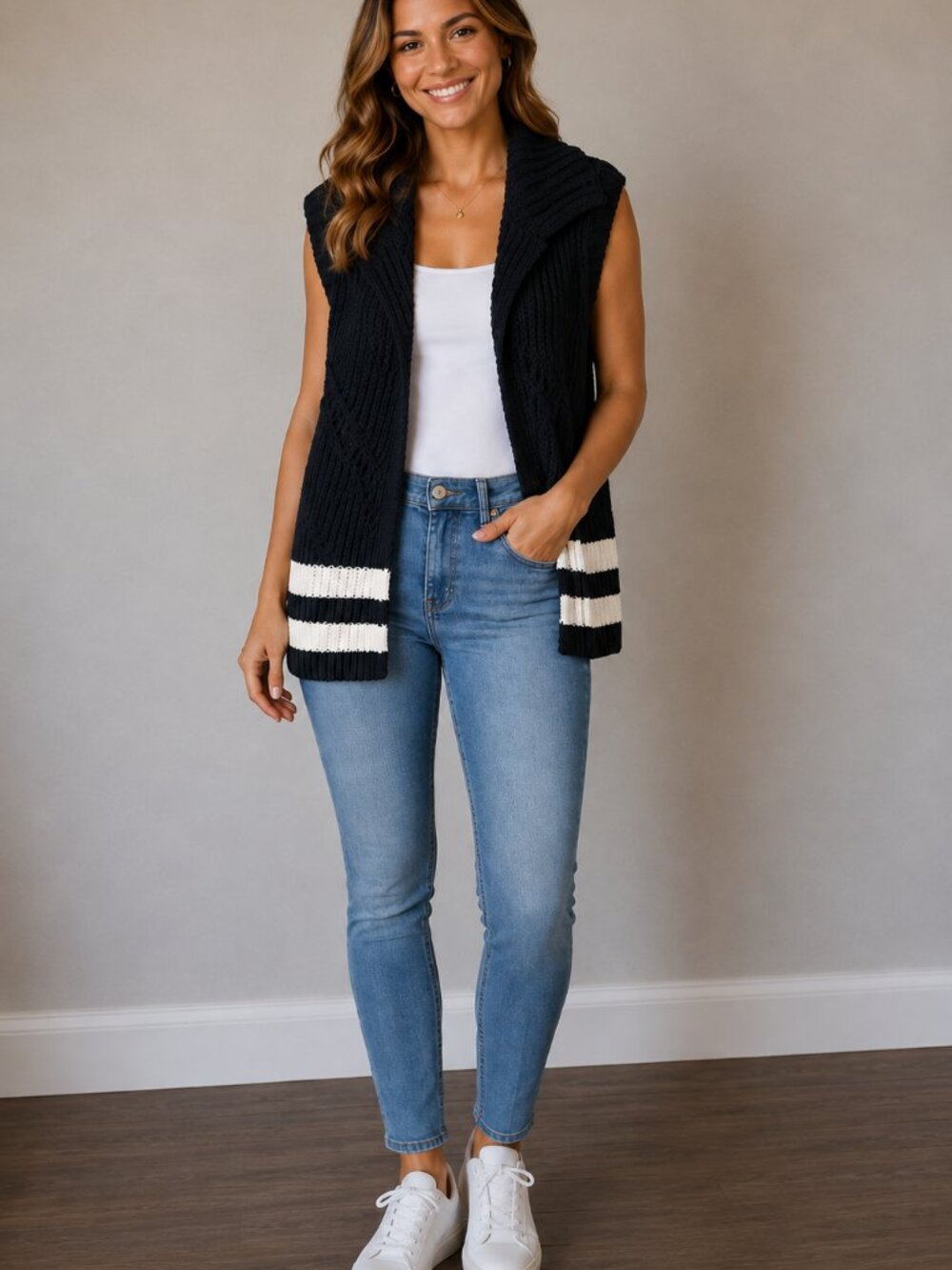 Maeve Navy and White Sleeveless Collared Knit Cardigan